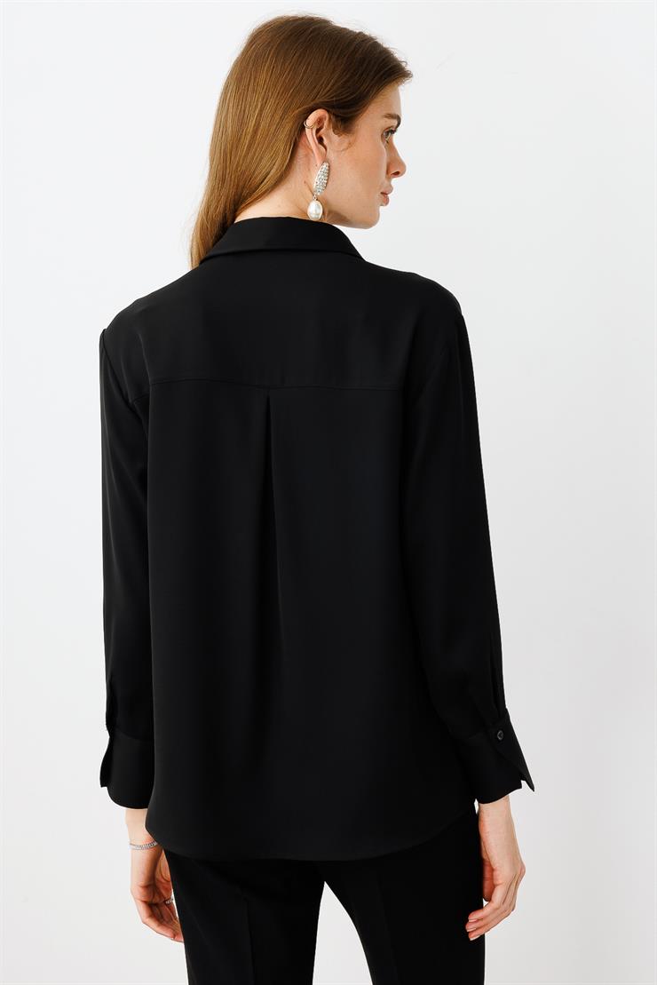 Modailgi  Taşlı Broş Aksesuarlı Rahat Kesim Gömlek Siyah