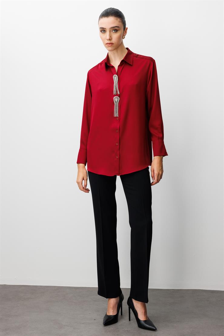 Modailgi  Taşlı Broş Aksesuarlı Rahat Kesim Gömlek Bordo