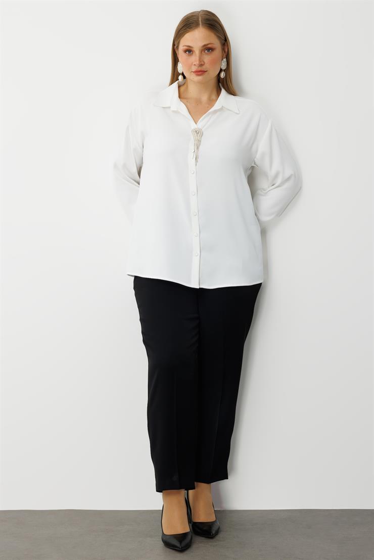 Modailgi  Taşlı Broş Aksesuarlı Rahat Kesim Gömlek Ekru