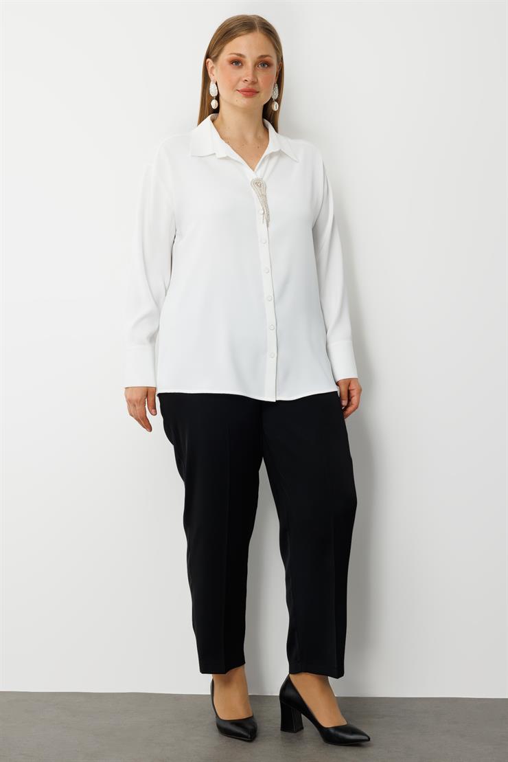 Modailgi  Taşlı Broş Aksesuarlı Rahat Kesim Gömlek Ekru