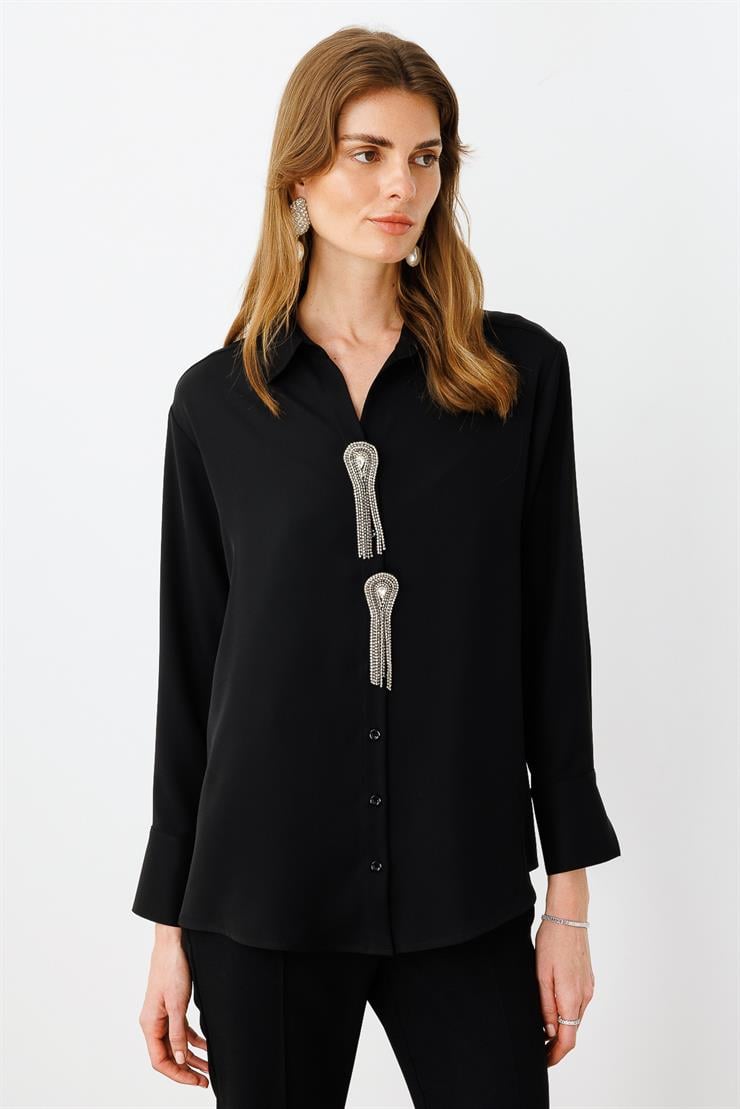 Modailgi  Taşlı Broş Aksesuarlı Rahat Kesim Gömlek Siyah