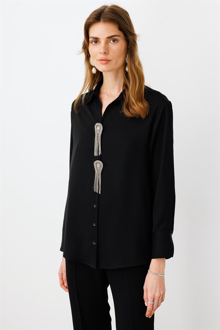 Modailgi  Taşlı Broş Aksesuarlı Rahat Kesim Gömlek Siyah