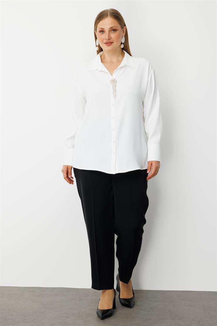 Modailgi  Taşlı Broş Aksesuarlı Rahat Kesim Gömlek Ekru