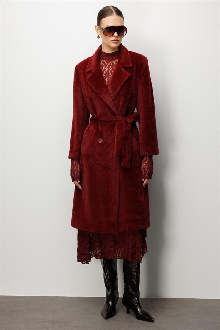 Modailgi  Tay Kumaş Kruvaze Kaban Bordo