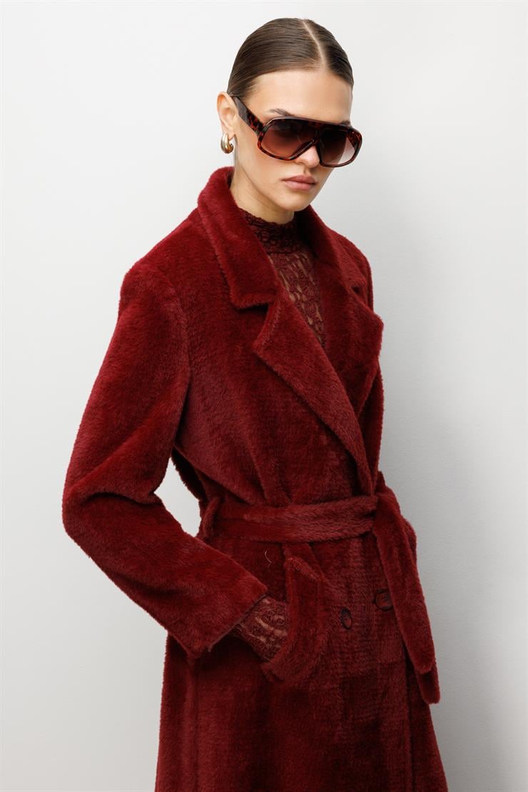 Modailgi  Tay Kumaş Kruvaze Kaban Bordo