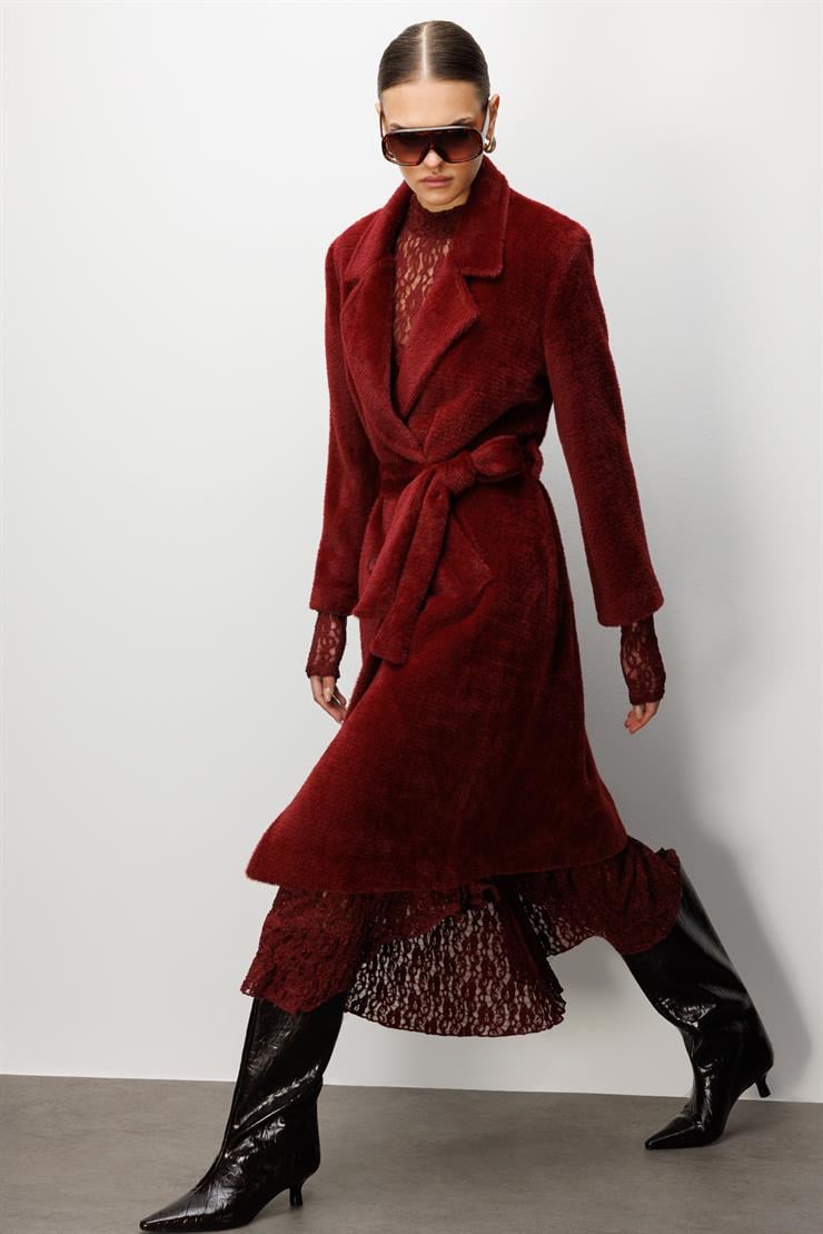 Modailgi  Tay Kumaş Kruvaze Kaban Bordo