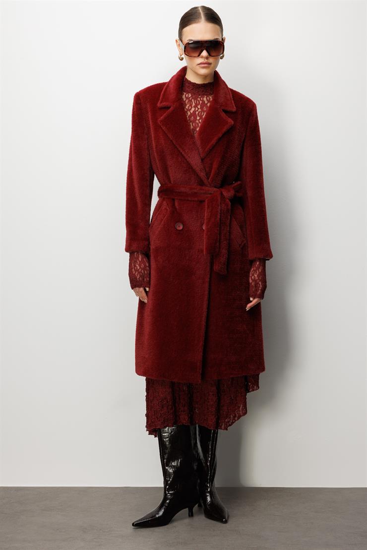 Modailgi  Tay Kumaş Kruvaze Kaban Bordo