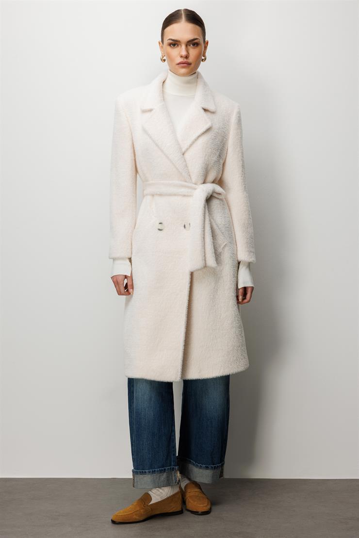 Modailgi  Tay Kumaş Kruvaze Kaban Kemik