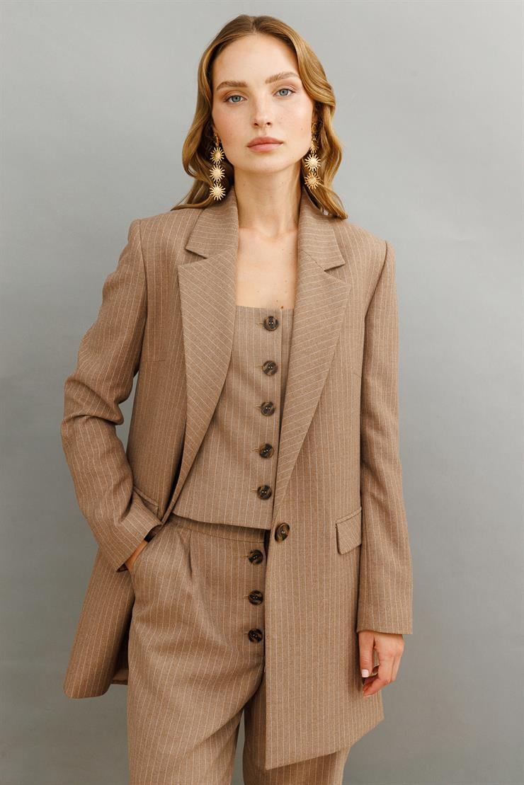 Modailgi  Tek Düğme Çizgili Ceket Vizon