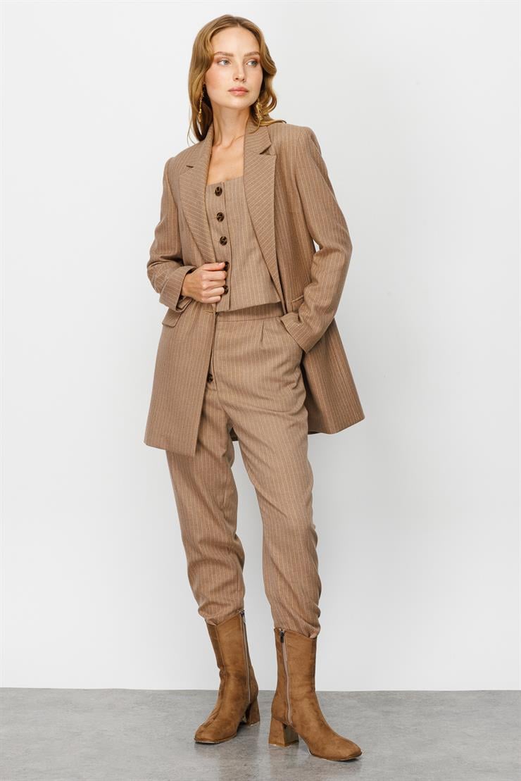 Modailgi  Tek Düğme Çizgili Ceket Vizon