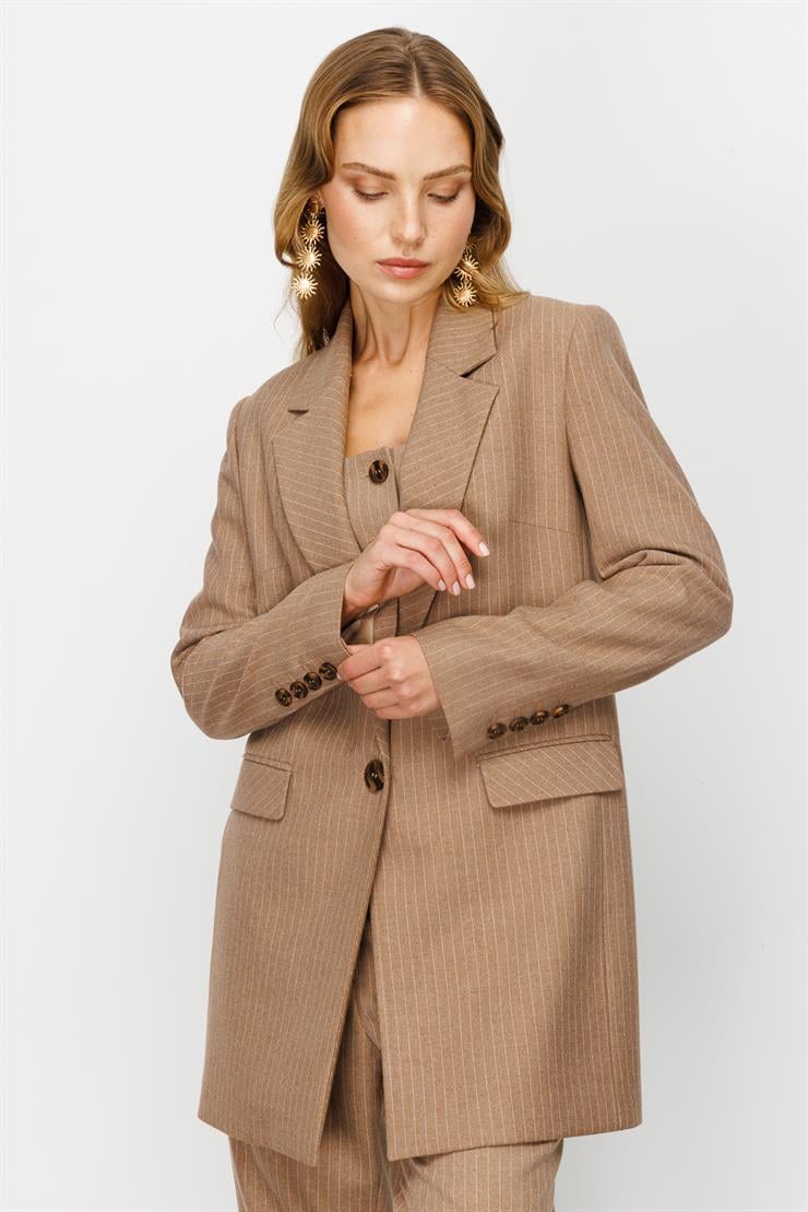 Modailgi  Tek Düğme Çizgili Ceket Vizon