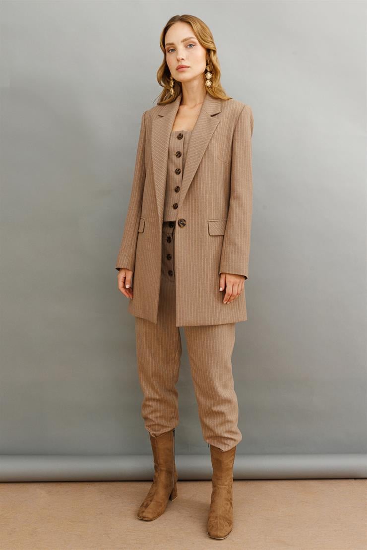 Modailgi  Tek Düğme Çizgili Ceket Vizon