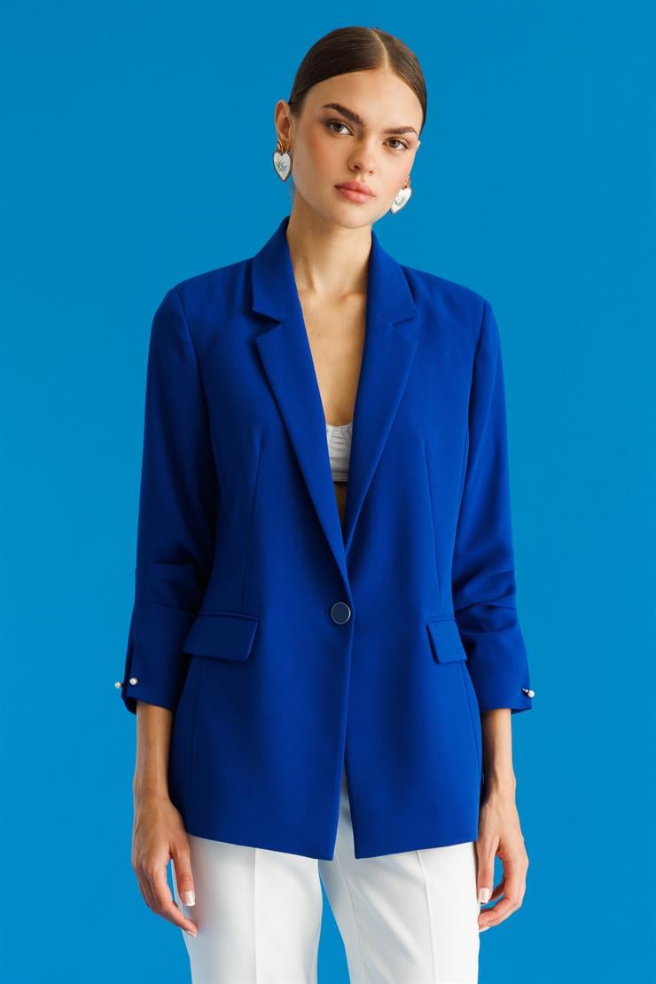 Modailgi  Tek Düğme Kolu Pileli Ceket Saks