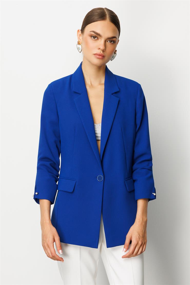 Modailgi  Tek Düğme Kolu Pileli Ceket Saks