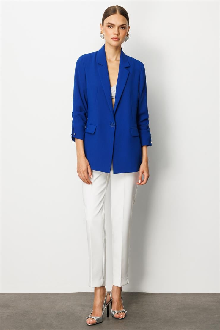 Modailgi  Tek Düğme Kolu Pileli Ceket Saks