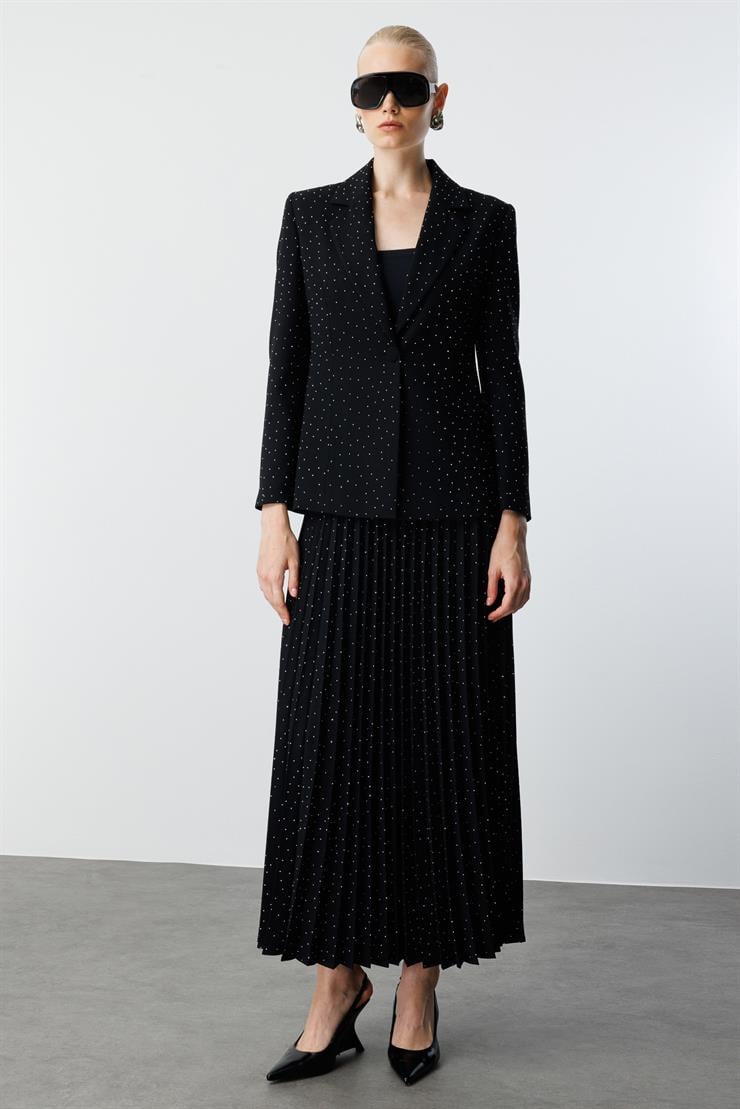 Modailgi  Tek Düğmeli Taşlı Ceket - 30047 Siyah