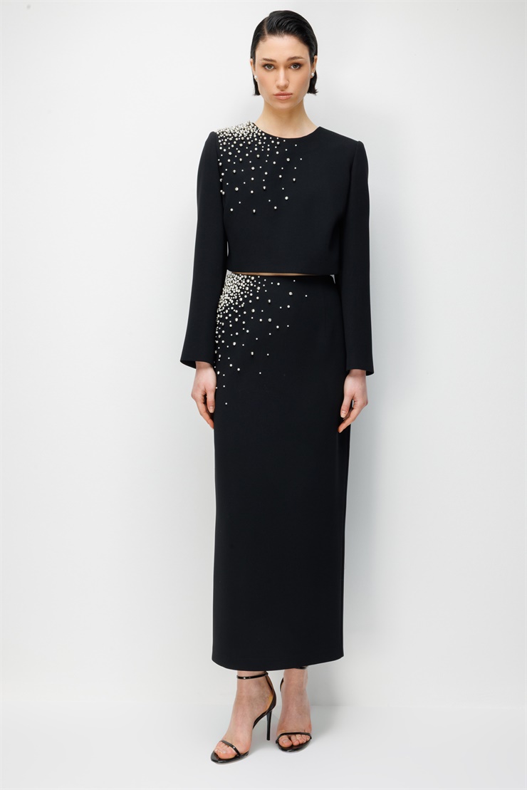 Modailgi  Tek Omuz İnci Detaylı Crop Ceket - 30015 Siyah