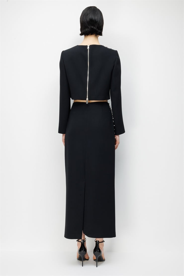 Modailgi  Tek Omuz İnci Detaylı Crop Ceket - 30015 Siyah