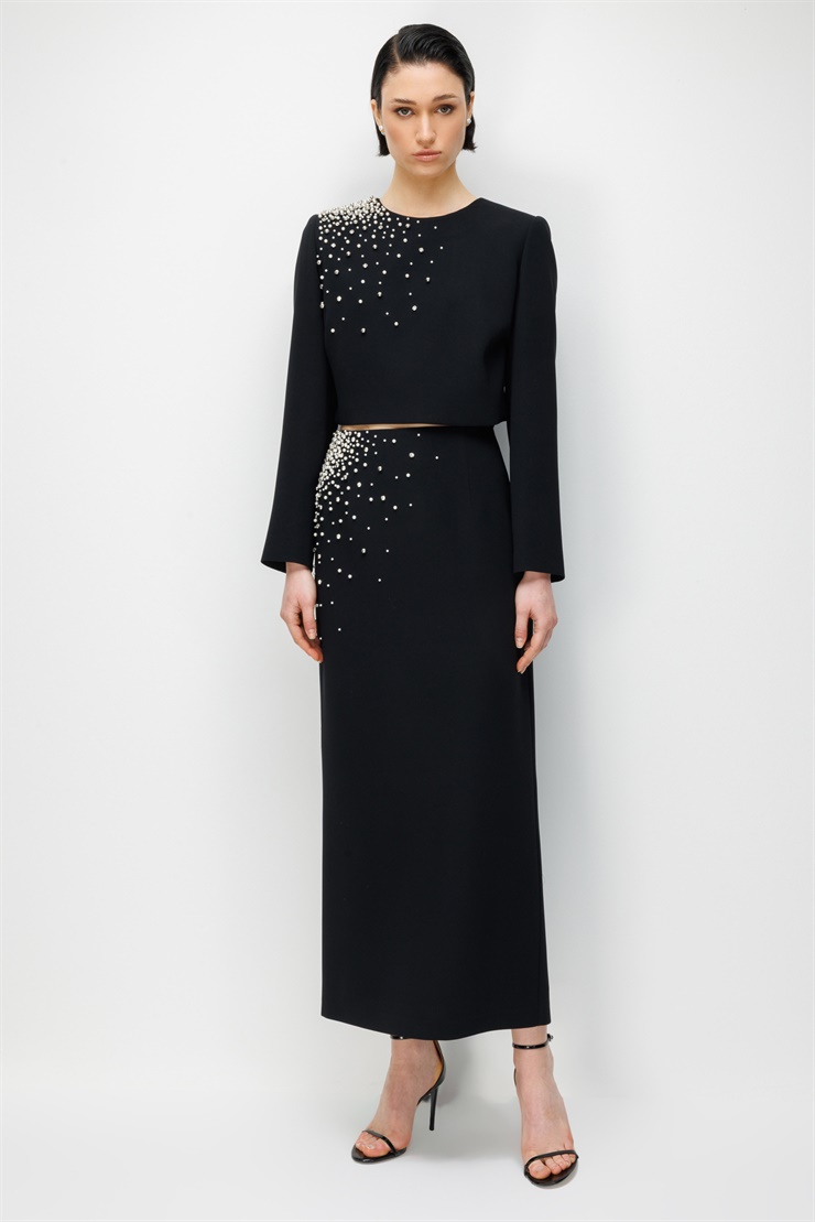 Modailgi  Tek Omuz İnci Detaylı Crop Ceket - 30015 Siyah