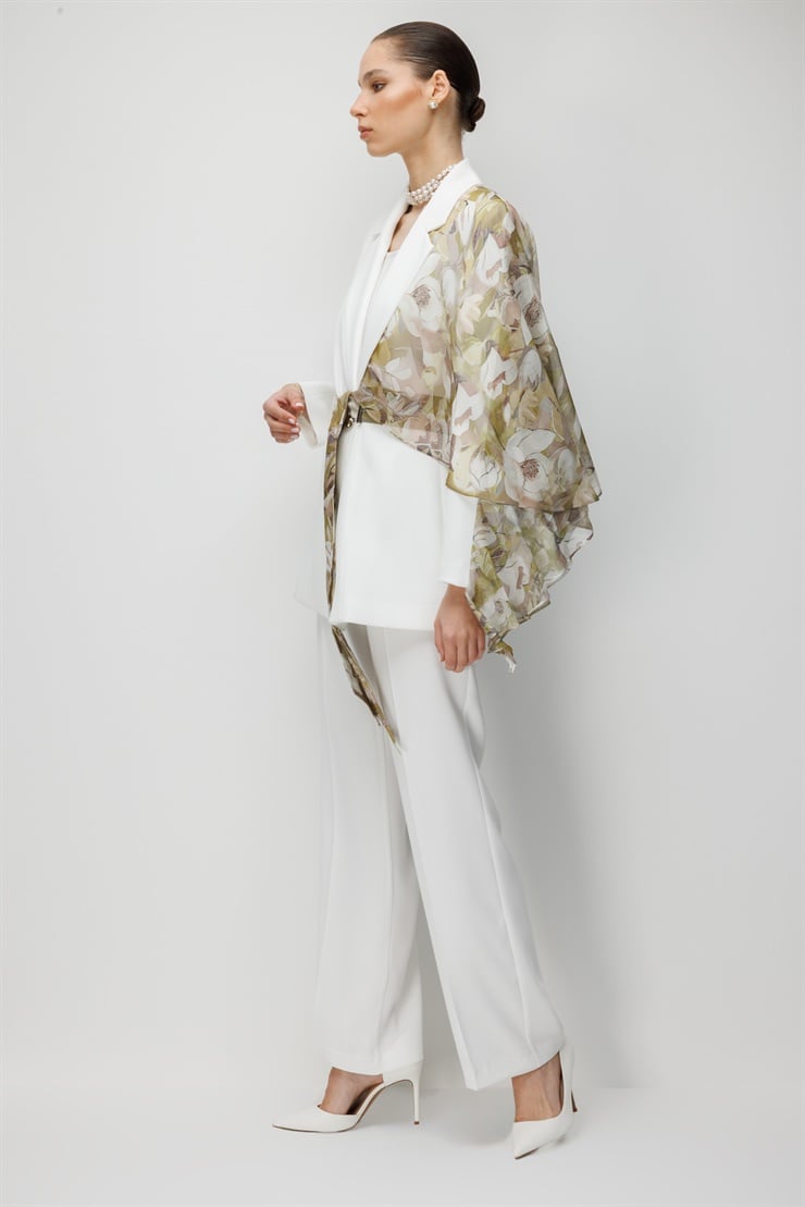 Modailgi  Tek Omuz Şifon Şal Kuşaklı Ceket - 45041 Ekru