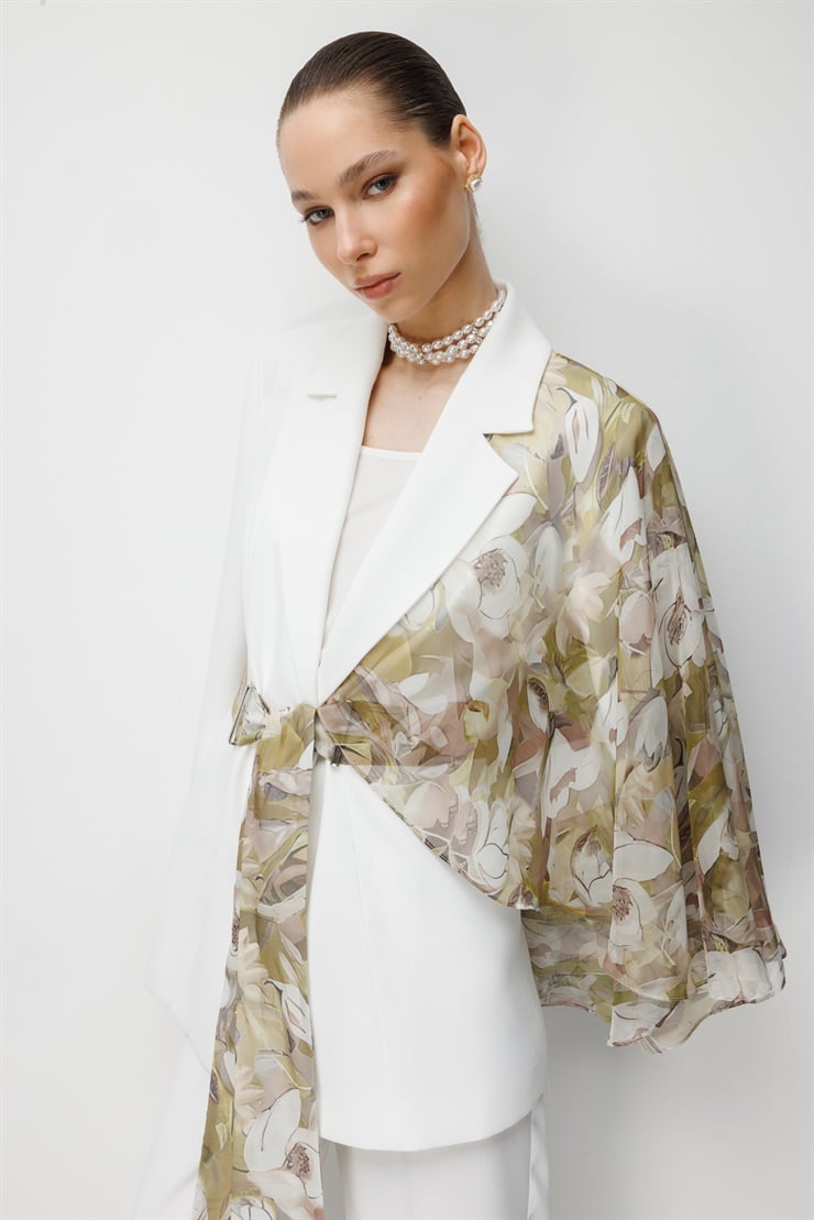 Modailgi  Tek Omuz Şifon Şal Kuşaklı Ceket - 45041 Ekru