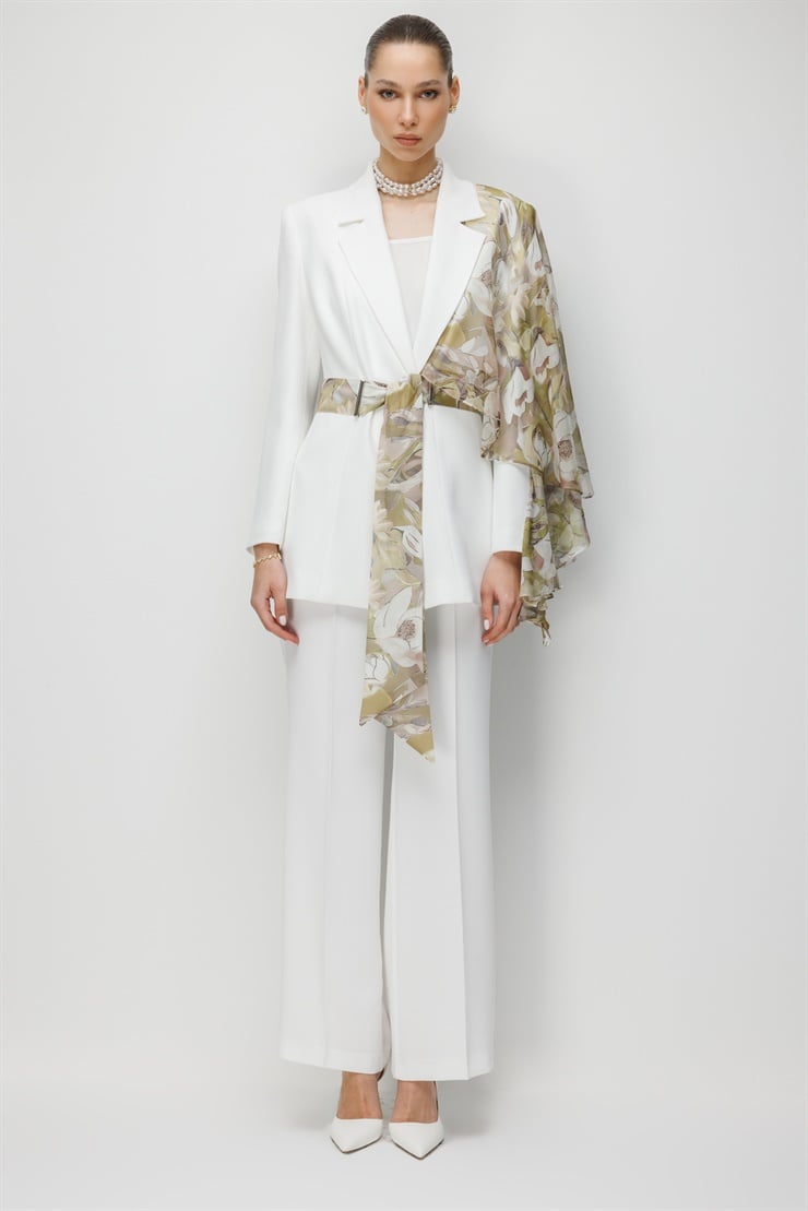 Modailgi  Tek Omuz Şifon Şal Kuşaklı Ceket - 45041 Ekru