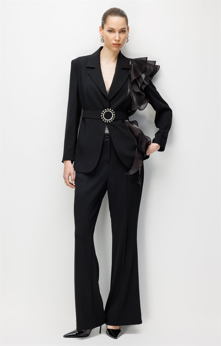 Modailgi  Tek Omzu Volanlı Kemerli Ceket - 45005 Siyah