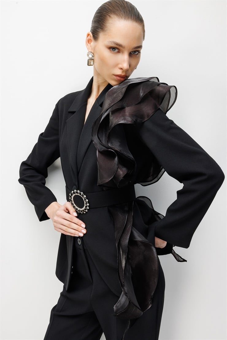Modailgi  Tek Omzu Volanlı Kemerli Ceket - 45005 Siyah