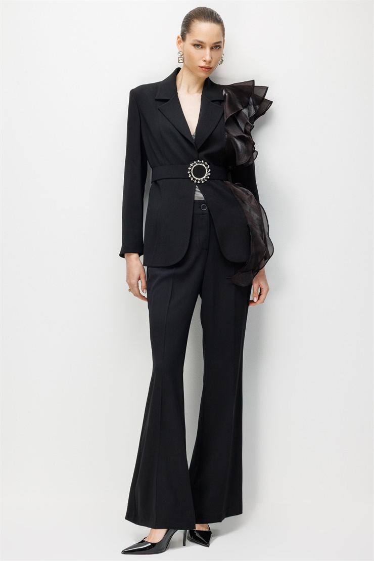 Modailgi  Tek Omzu Volanlı Kemerli Ceket - 45005 Siyah