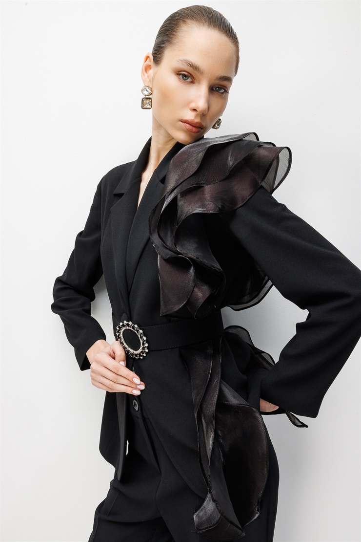 Modailgi  Tek Omzu Volanlı Kemerli Ceket - 45005 Siyah