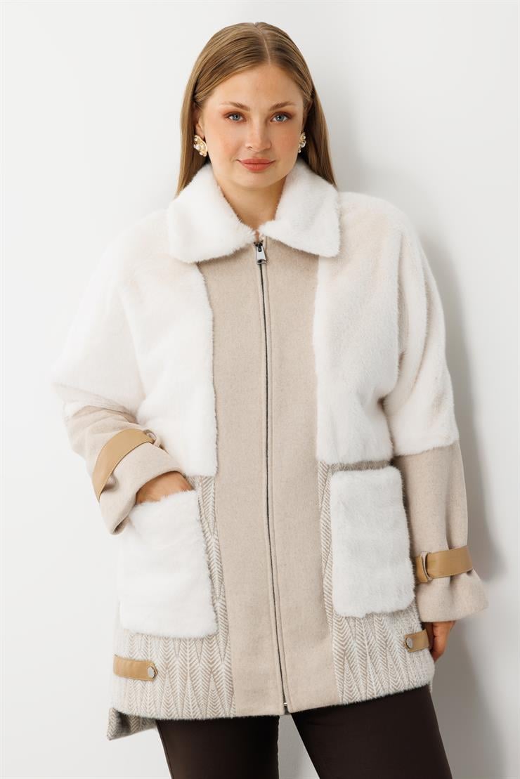 Modailgi  Torba Cepli Fermuarlı Desenli Alcantara Kaban Bej