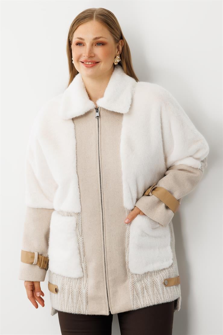 Modailgi  Torba Cepli Fermuarlı Desenli Alcantara Kaban Bej