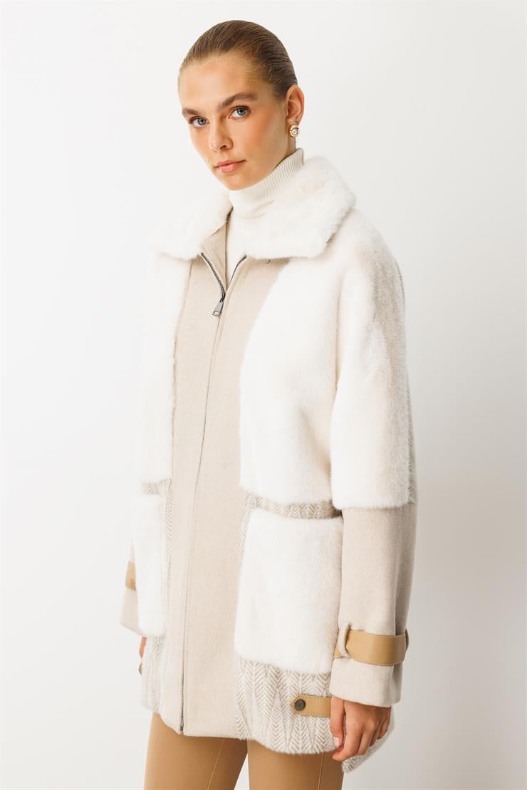 Modailgi  Torba Cepli Fermuarlı Desenli Alcantara Kaban Bej