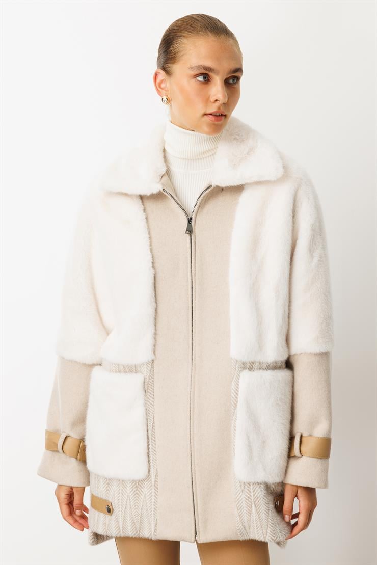 Modailgi  Torba Cepli Fermuarlı Desenli Alcantara Kaban Bej