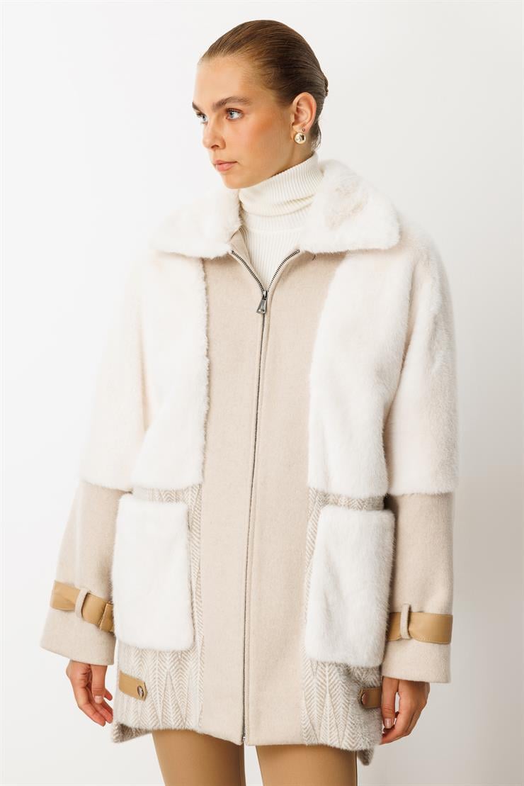 Modailgi  Torba Cepli Fermuarlı Desenli Alcantara Kaban Bej