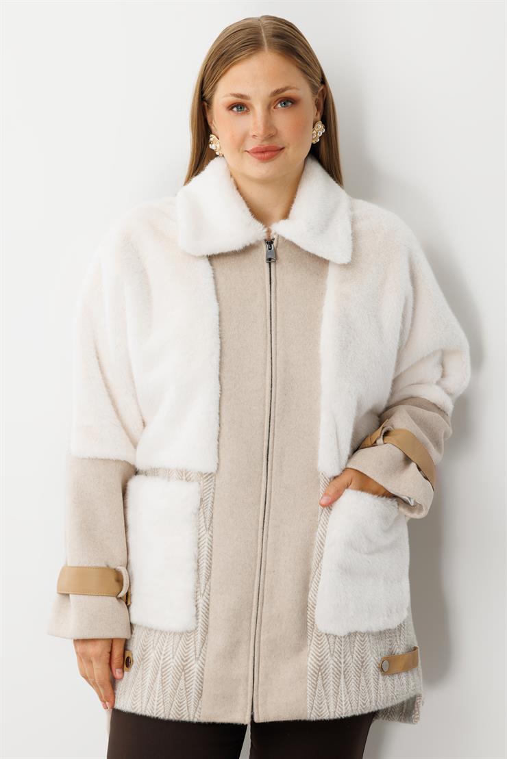 Modailgi  Torba Cepli Fermuarlı Desenli Alcantara Kaban Bej