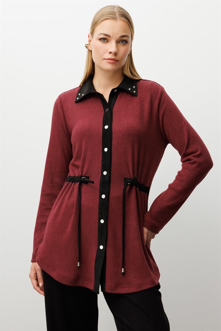Modailgi  Triko Ve Süet Karışımlı Belden Tünelli Lase Nakış Vetrok Detaylı Triko Gömlek Bordo