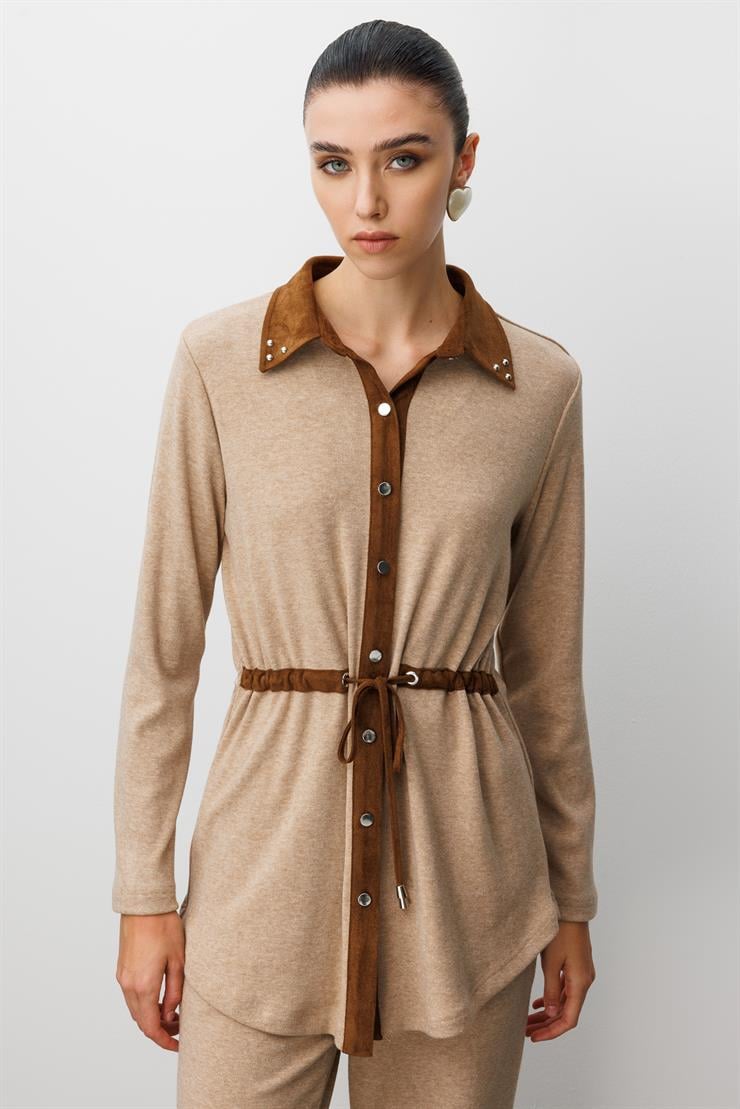 Modailgi  Triko Ve Süet Karışımlı Belden Tünelli Lase Nakış Vetrok Detaylı Triko Gömlek Vizon