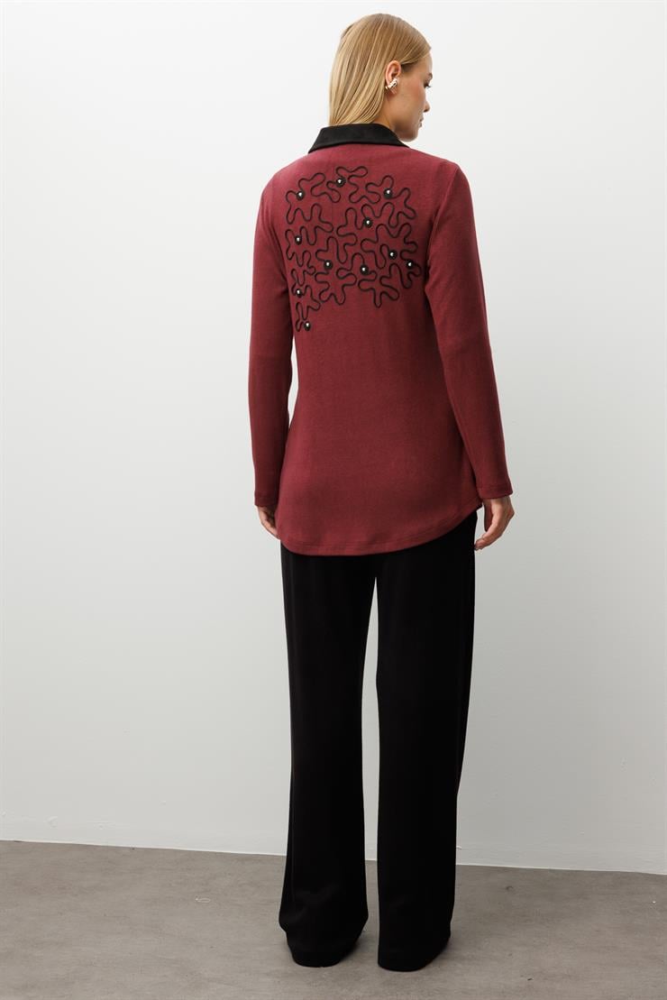 Modailgi  Triko Ve Süet Karışımlı Belden Tünelli Lase Nakış Vetrok Detaylı Triko Gömlek Bordo