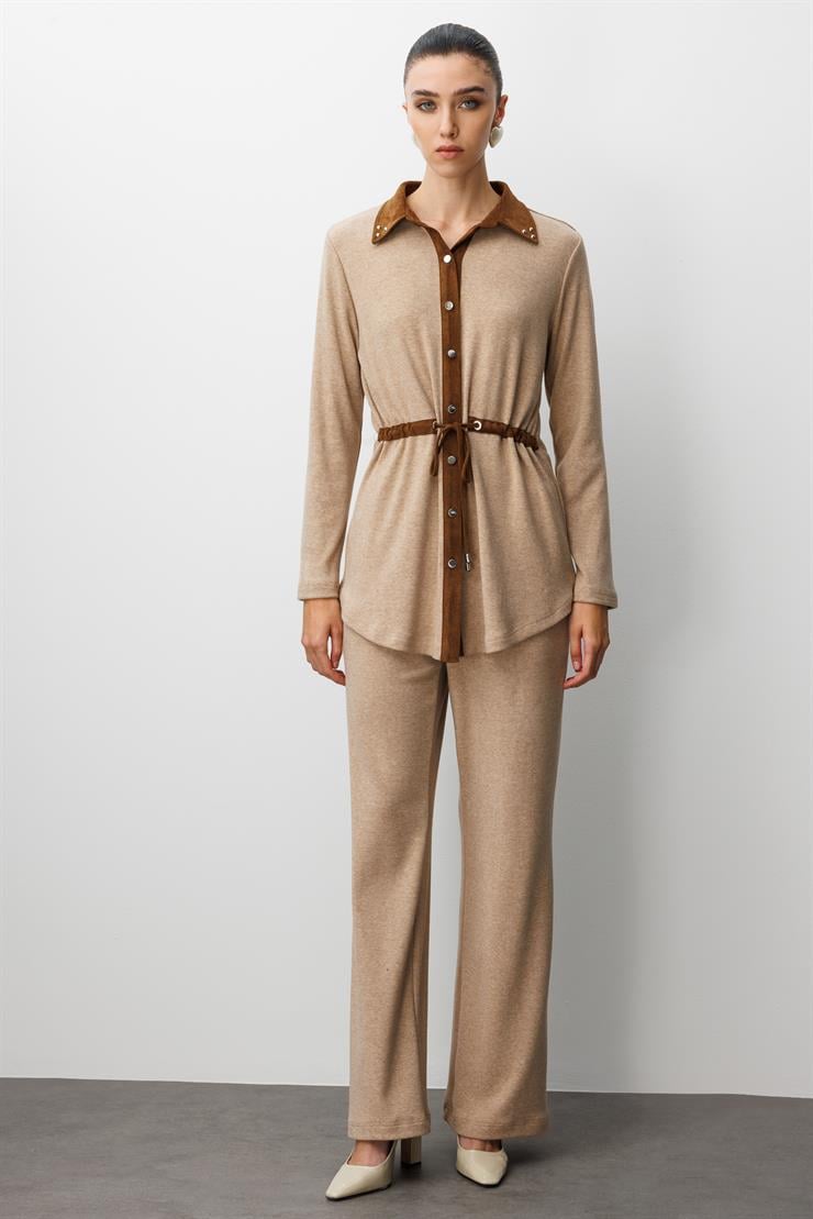 Modailgi  Triko Ve Süet Karışımlı Belden Tünelli Lase Nakış Vetrok Detaylı Triko Gömlek Vizon