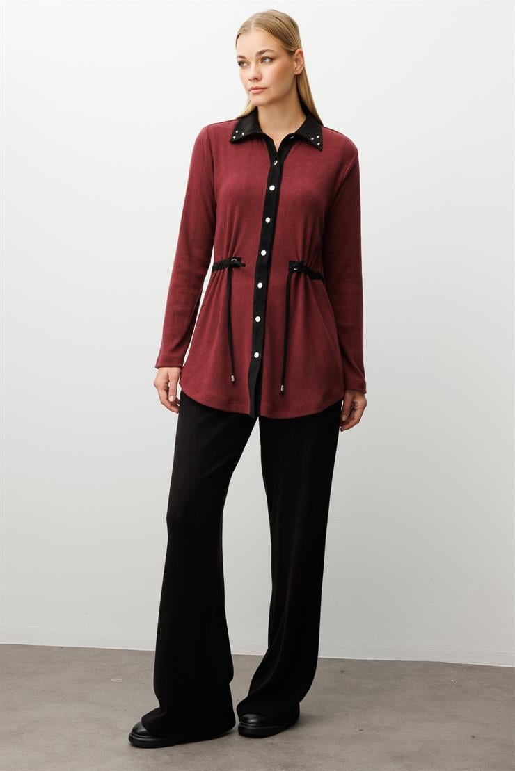 Modailgi  Triko Ve Süet Karışımlı Belden Tünelli Lase Nakış Vetrok Detaylı Triko Gömlek Bordo