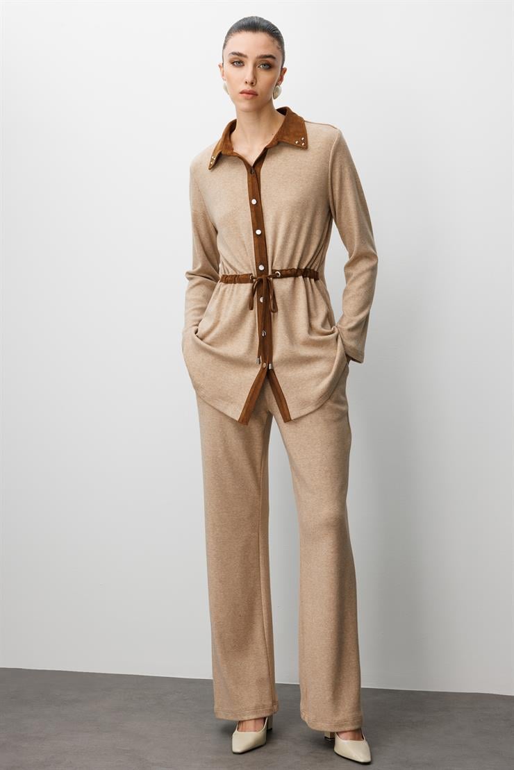 Modailgi  Triko Ve Süet Karışımlı Belden Tünelli Lase Nakış Vetrok Detaylı Triko Gömlek Vizon