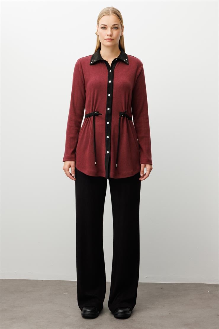 Modailgi  Triko Ve Süet Karışımlı Belden Tünelli Lase Nakış Vetrok Detaylı Triko Gömlek Bordo
