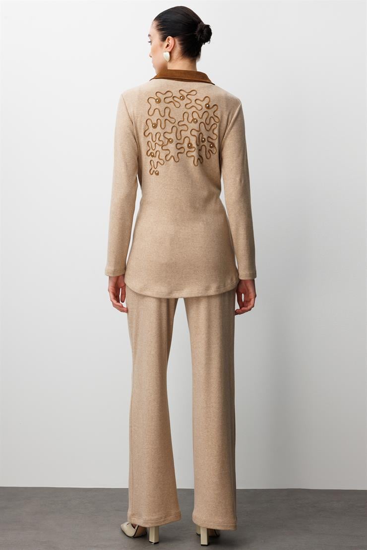 Modailgi  Triko Ve Süet Karışımlı Belden Tünelli Lase Nakış Vetrok Detaylı Triko Gömlek Vizon