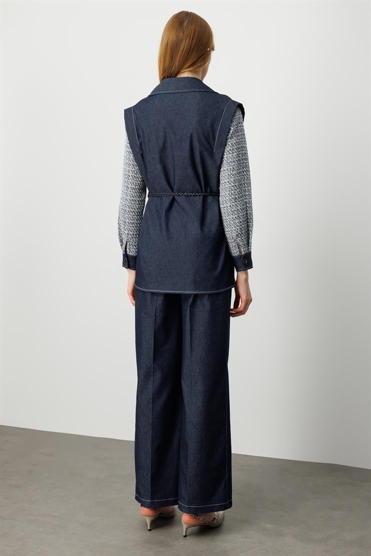 Modailgi  Tuvit Kumaş Garni Detaylı Belden Kemerli Kot Tencel Gömlek Tunik - 40013 Lacivert