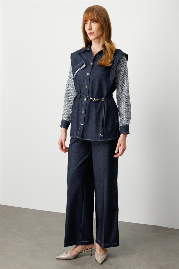 Modailgi  Tuvit Kumaş Garni Detaylı Belden Kemerli Kot Tencel Gömlek Tunik - 40013 Lacivert