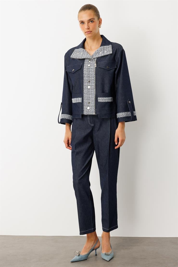 Modailgi  Tuvit Kumaş Garni Detaylı Fermuar Kapamalı Rahat Kesim Kısa Mont Ceket - 40016 Lacivert