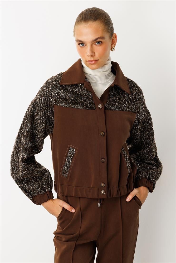 Modailgi  Tuvit Kumaş Garni Detaylı Kolları Pileli Kısa Örme Mont - 40011 Kahve