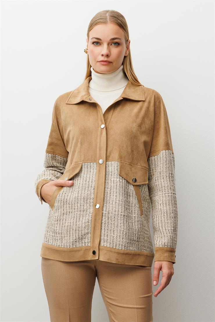 Modailgi  Tüvit Kumaş Garnili Düşük Kol Oversize Yandan Cepli Süet Tunik Vizon