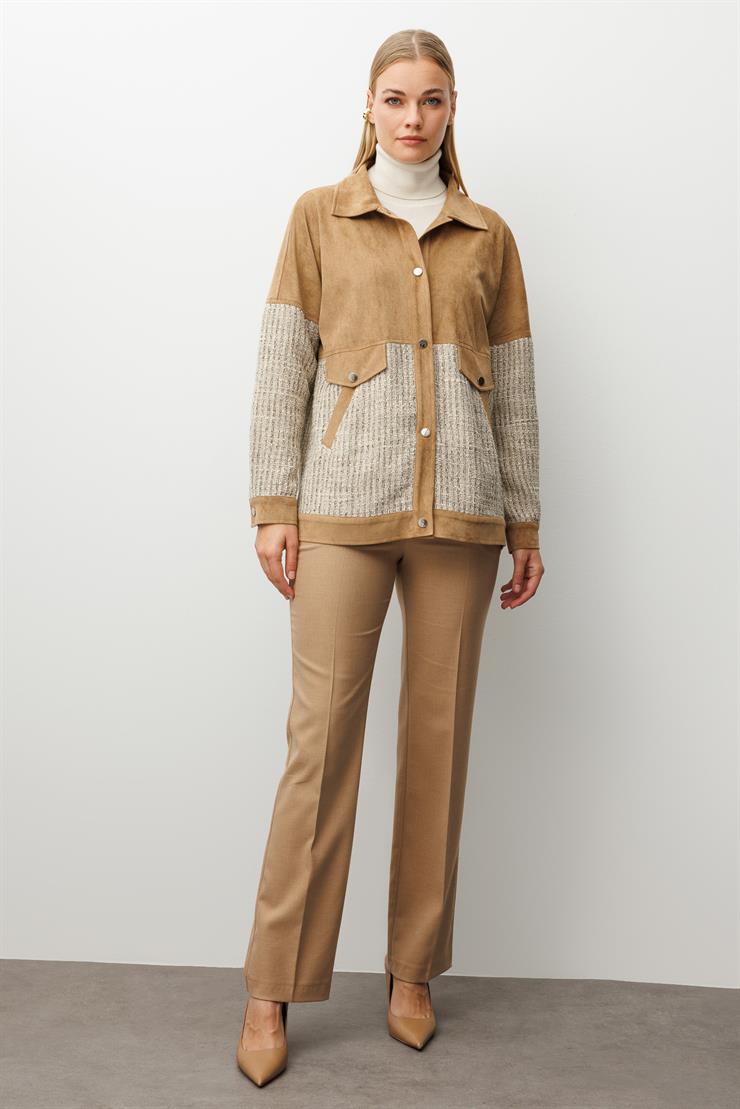 Modailgi  Tüvit Kumaş Garnili Düşük Kol Oversize Yandan Cepli Süet Tunik Vizon